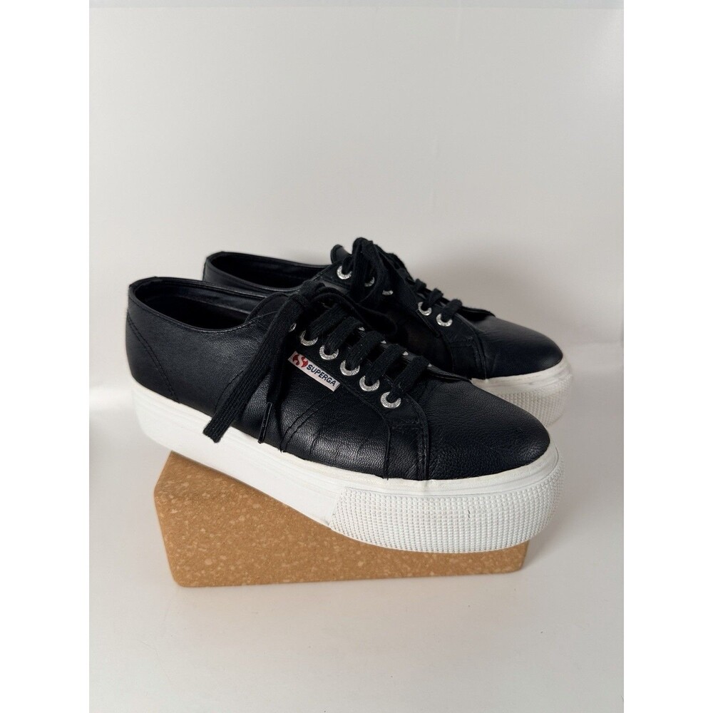 SUPERGA Black Leather 2750 NAPLNGCOTU S8115BW Comfort Sneaker Sz 39 US Women's 8